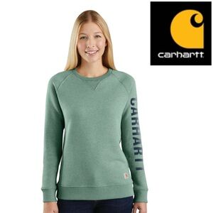WOMEN'S RELAXED FIT CREWNECK BLOCK LOGO SLEEVE GRAPHIC SWEATSHIRT